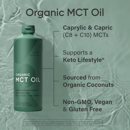 Sports Research Keto MCT Oil from Organic Coconuts - Fatty Acid Fuel for Body + Brain - Single Ingredient C8 Caprylic Acid - Perfect in Coffee, Tea, & More - Non-GMO & Vegan - Unflavored (16 Oz)