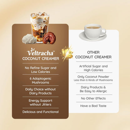 Veltracha Mushroom Coconut Coffee Creamer, Coffee Mate Creamer Powder with Pure Coconut Extract and 6 Adaptogenic Mushroom, Superfood Creamer Vegan & Unsweetened, 7.41oz (30 Servings), Mocha