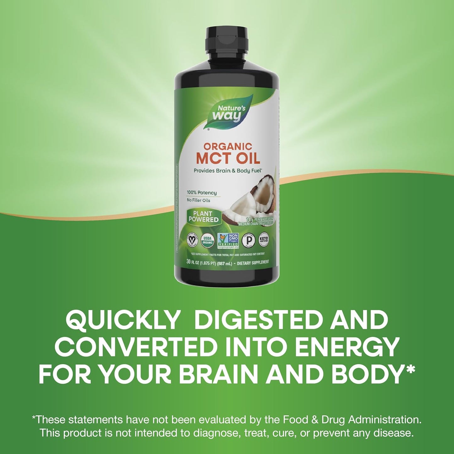 Nature's Way Organic MCT Oil, 16 Fl Oz, Brain and Body Fuel from Coconuts*, C8 Caprylic Acid and C10 Capric Acid, Keto and Paleo Certified, Organic, Non-GMO Project Verified
