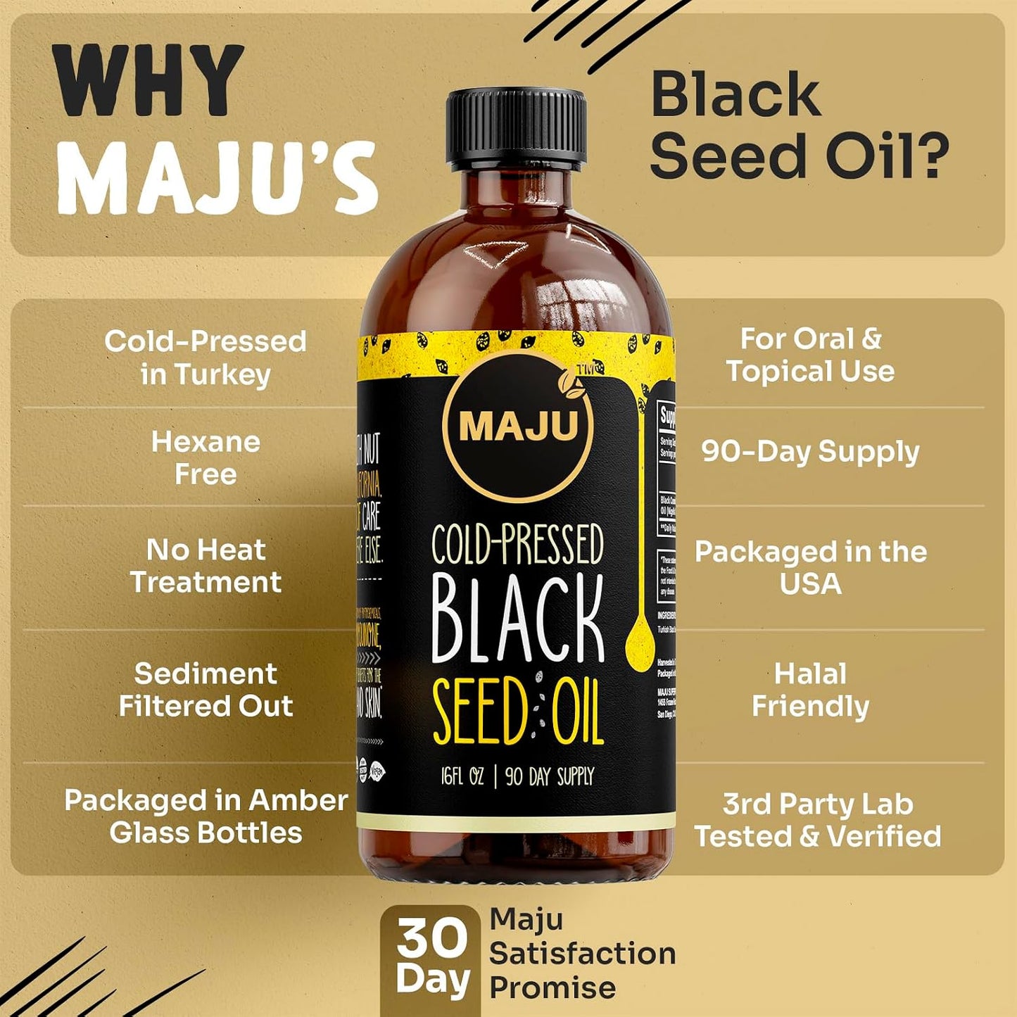 MAJU's Black Seed Oil 16oz: 2X Thymoquinone, Cold Pressed Turkish Black Cumin Nigella Sativa Seed Oil (Better Than Organic), Non-GMO, 100% Liquid Pure Blackseed, Glass Bottle