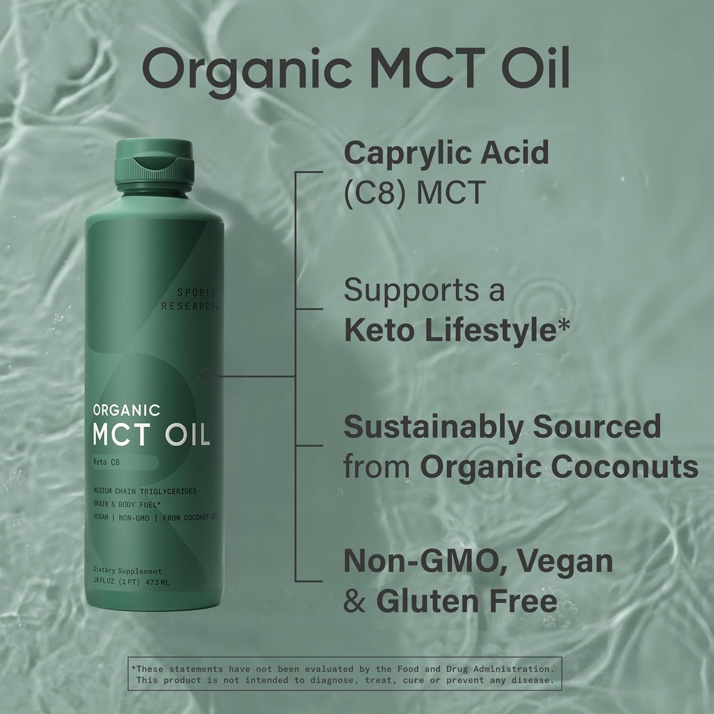 Sports Research Keto MCT Oil from Organic Coconuts - Fatty Acid Fuel for Body + Brain - Single Ingredient C8 Caprylic Acid - Perfect in Coffee, Tea, & More - Non-GMO & Vegan - Unflavored (16 Oz)