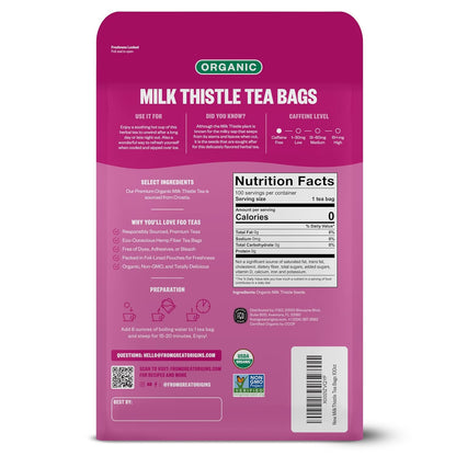 FGO Organic Milk Thistle Tea, 100 Count, Eco-Conscious Herbal Tea Bags, Resealable Bag, Caffeine Free, Packaging May Vary (Pack of 1)