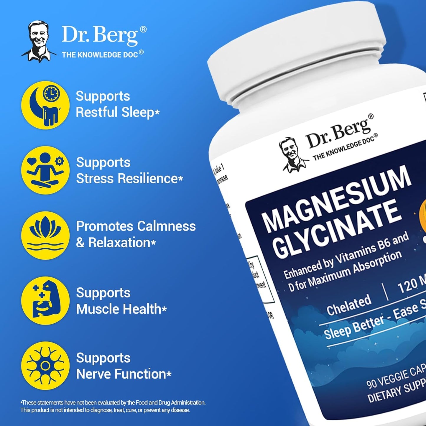 Dr. Berg Magnesium Glycinate 400 mg – Chelated Magnesium Supplement with Vitamin D and B6 for Stress Support, Relaxation, and Good Sleep – 150 Vegetable Capsules High Absorption for Overall Wellness