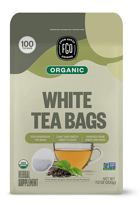FGO Organic White Tea, Eco-Conscious Tea Bags, Packaging May Vary, 100 Count (Pack of 1)