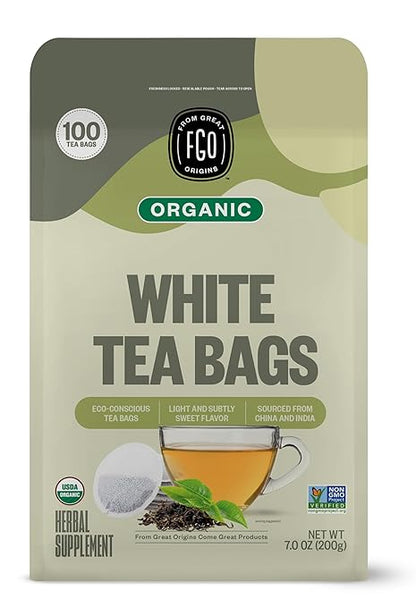 FGO Organic White Tea, Eco-Conscious Tea Bags, Packaging May Vary, 100 Count (Pack of 1)