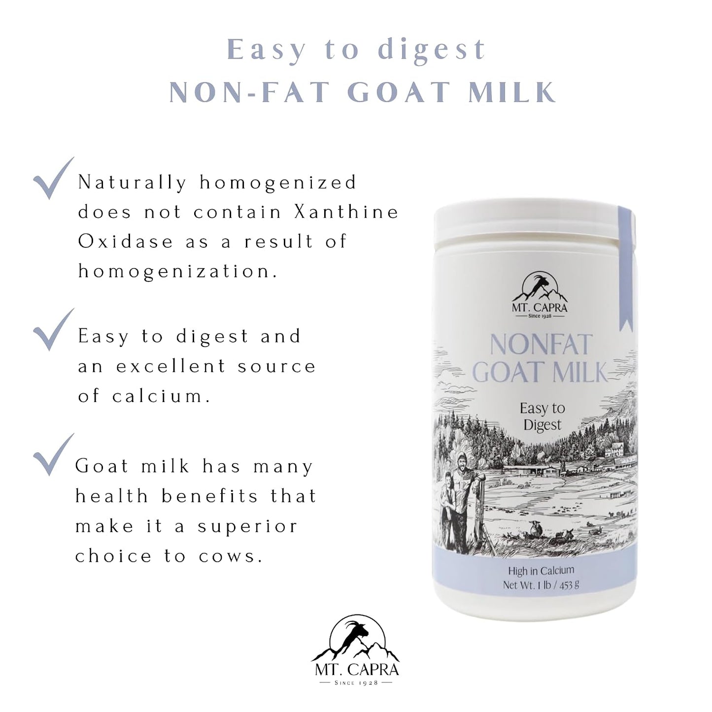 Mt. Capra Non-Fat Goat Milk | Powder from Non-GMO, Grass-Fed Goats, Creamy, Great Tasting, Easy to Digest, A2 Milk | 16 Servings - 1 Pound