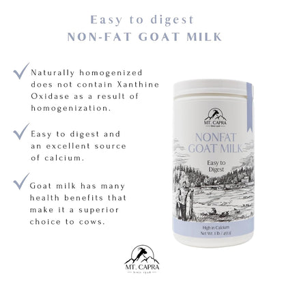 Mt. Capra Non-Fat Goat Milk | Powder from Non-GMO, Grass-Fed Goats, Creamy, Great Tasting, Easy to Digest, A2 Milk | 16 Servings - 1 Pound