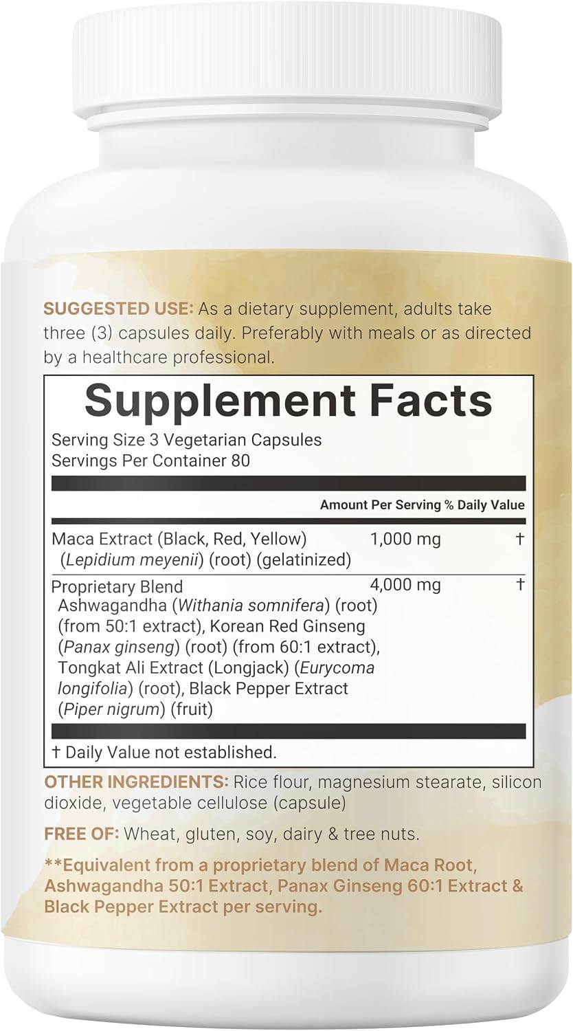 Micro Ingredients Maca Root for Women and Men, 240 Veggie Capsules | Red, Yellow, & Black Maca | with Ashwagandha, Panax Ginseng, Tongkat Ali, & Black Pepper Extract | Non-GMO, Vegan