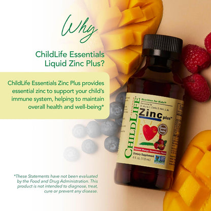 CHILDLIFE ESSENTIALS Liquid Zinc Plus for Kids & Toddler - Liquid Supplement Drops, Zinc Gluconate & Copper for Immune Support - Mango Strawberry, 4 Fl Oz (Pack of 1)