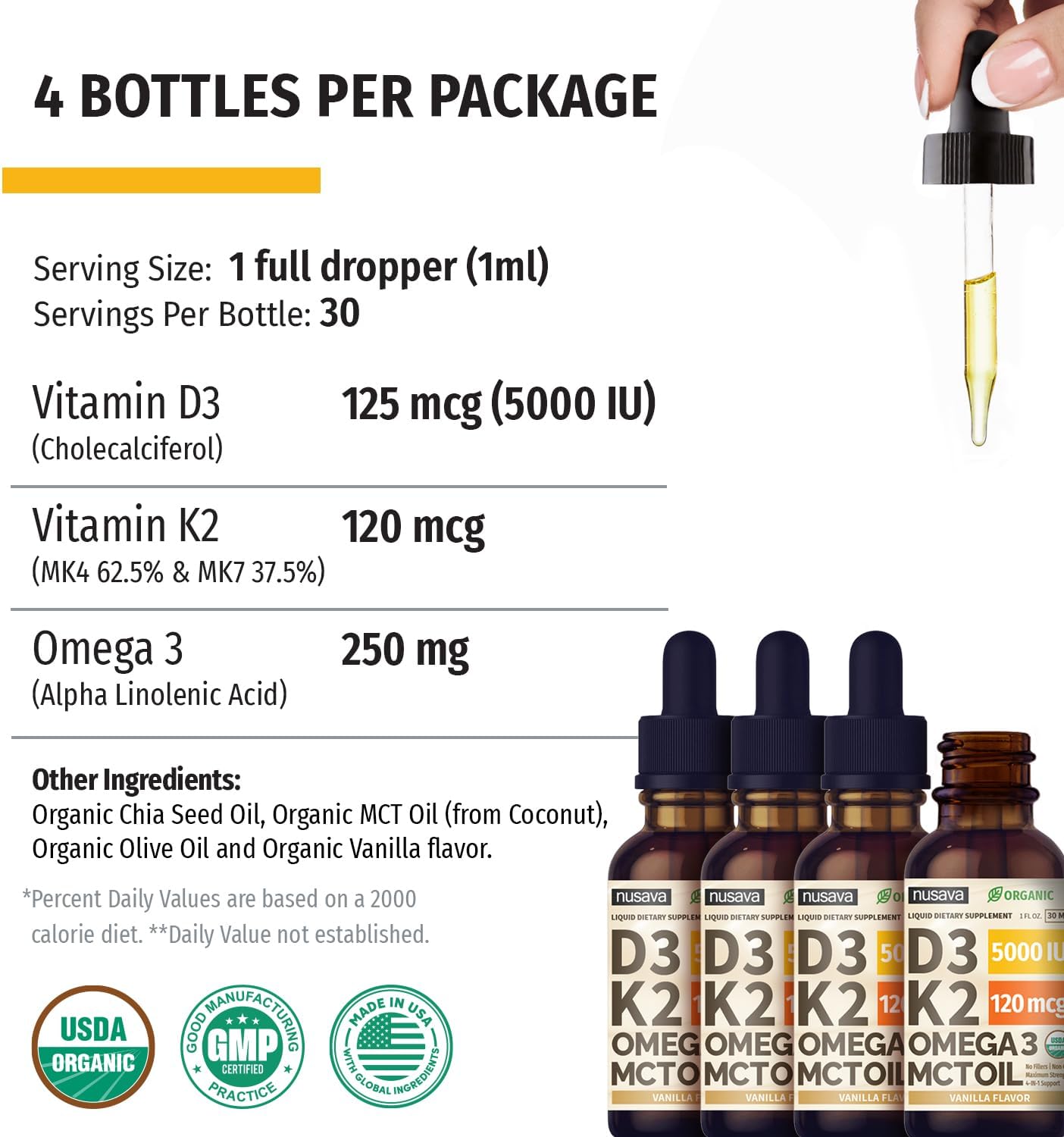 (1 Pack) Organic Vitamin D3 K2 Drops w MCT Oil Omega 3, 5000 IU, Vitamin D Liquid 5000 IU, No Fillers, Non-GMO Liquid D3 for Body’s Defenses & Faster Absorption, Unflavored, 2 Fl Oz Liquid Vitamin D3