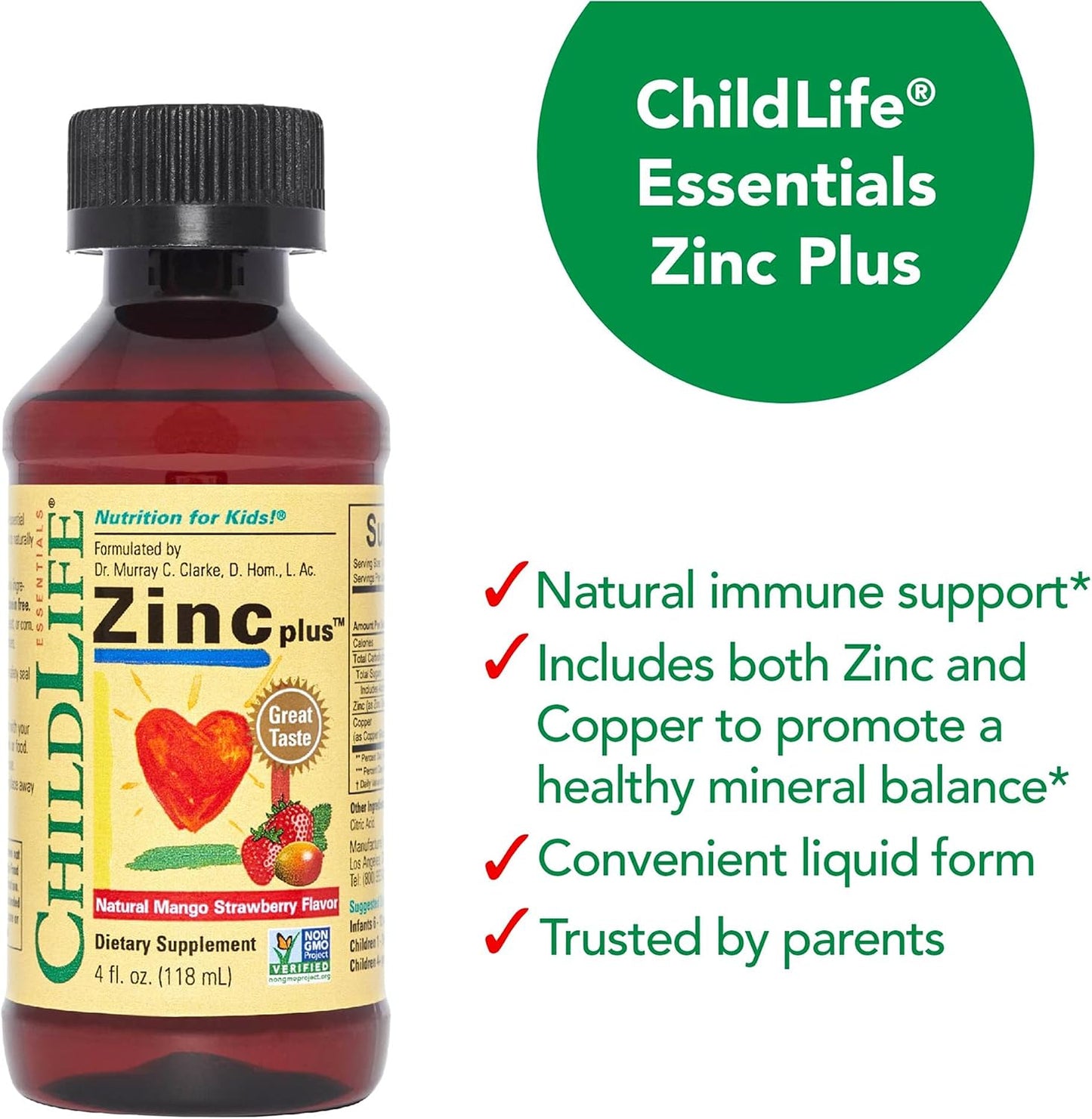CHILDLIFE ESSENTIALS Liquid Zinc Plus for Kids & Toddler - Liquid Supplement Drops, Zinc Gluconate & Copper for Immune Support - Mango Strawberry, 4 Fl Oz (Pack of 1)