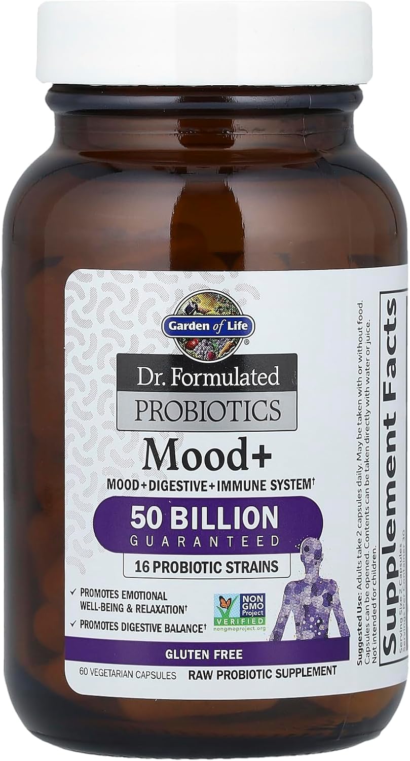 Garden of Life Probiotics Mood+ Dr Formulated Acidophilus Probiotic Supplement - Promotes Emotional Well-Being, Relaxation and Digestive Balance - Ashwagandha for Stress Management, 60 Veggie Caps