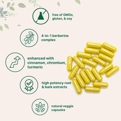 Berberine with Ceylon Cinnamon, Chromium, & Turmeric | 3,000mg Equivalent | 240 Veggie Capsules | High Potency Berberine HCl Root + Cinnamon Bark Extract | Heart Health & Immune Support Supplement*