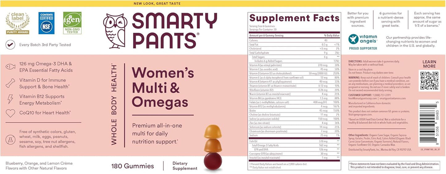 SmartyPants Women's Multivitamin Gummies: Omega 3 Fish Oil (EPA/DHA), Methylfolate, CoQ10, Vitamin D3, C, Vitamin B12, B6, A, K & Zinc, Inositol, Gluten Free, 180 Count (30 Day Supply)