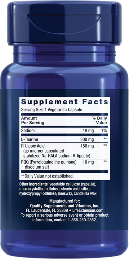 Life Extension Mitochondrial Basics with PQQ, L-Taurine, R-lipoic Acid, foundational Supplement for Cellular Energy Production, Brain and Heart Health, Gluten-Free, Non-GMO, Vegetarian, 30 Capsules