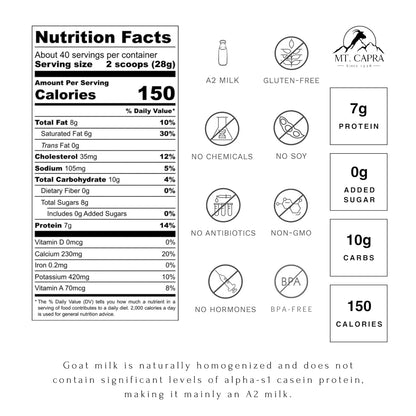 Mt. Capra Whole Goat Milk | Powder from Non-GMO, Grass-Fed Goats, Creamy, Great Tasting, Easy to Digest, A2 Milk | 40 Servings - 2.5 Pounds