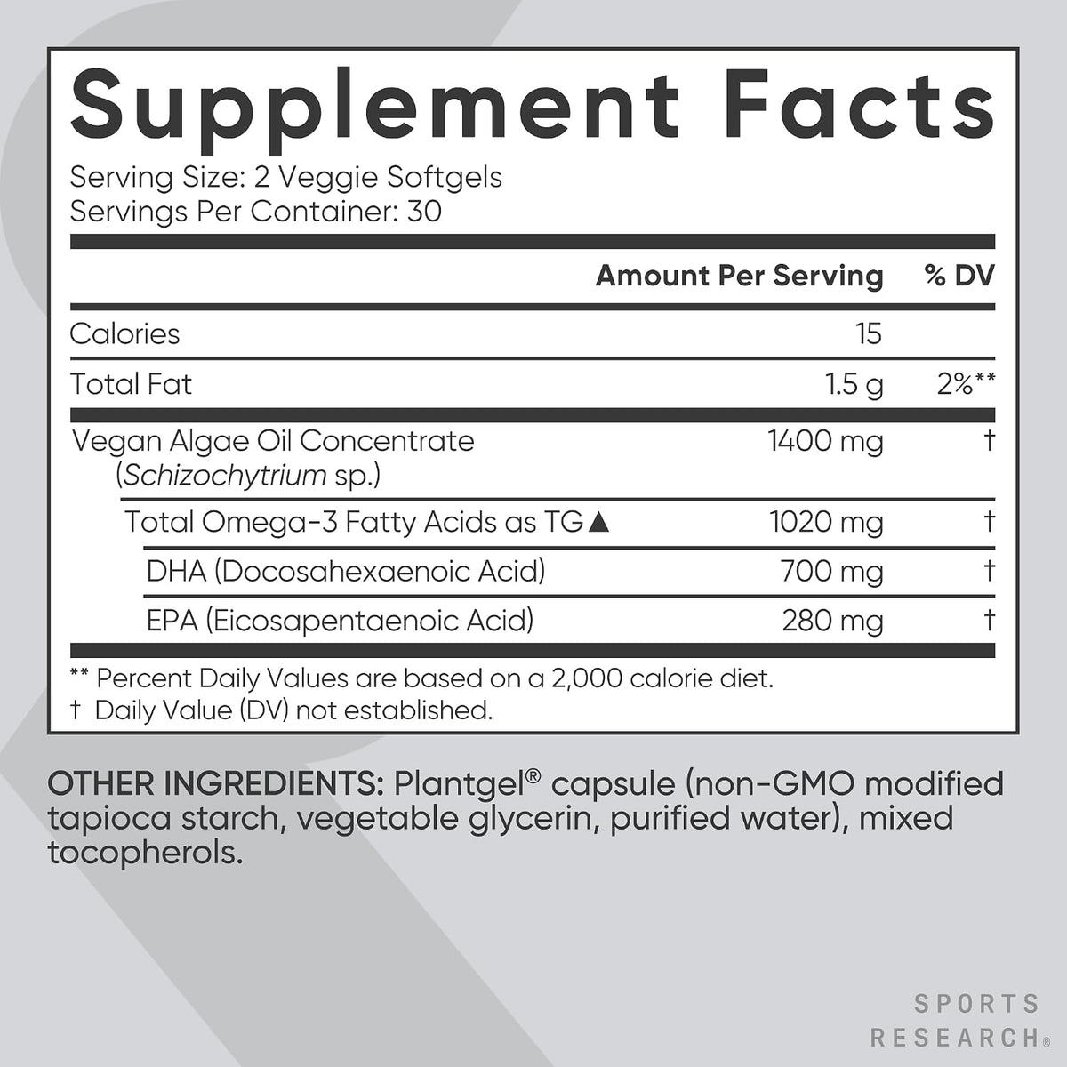 Sports Research® Vegan Omega-3 Algae Oil 1020mg, 60 Count Plantgels™