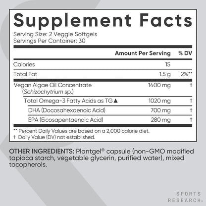 Sports Research® Vegan Omega-3 Algae Oil 1020mg, 60 Count Plantgels™