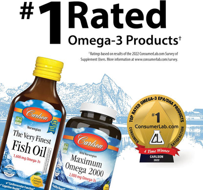 Carlson - Cod Liver Oil, 1100 mg Omega-3s, Plus Vitamins A and D3, Wild Caught Norwegian Arctic Cod Liver Oil, Sustainably Sourced Nordic Fish Oil Liquid, Unflavored, 250 mL (8.4 Fl Oz)