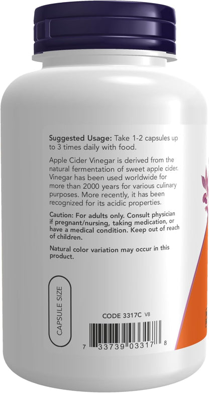 NOW Foods Supplements, Apple Cider Vinegar 450 mg, Derived from Fermentation of Sweet Apple Cider, 180 Veg Capsules