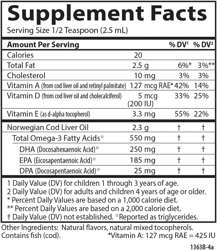 Carlson - Cod Liver Oil, 1100 mg Omega-3s, Plus Vitamins A and D3, Wild Caught Norwegian Arctic Cod Liver Oil, Sustainably Sourced Nordic Fish Oil Liquid, Unflavored, 250 mL (8.4 Fl Oz)