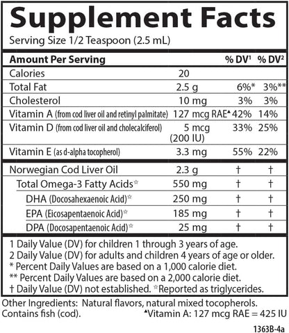 Carlson - Cod Liver Oil, 1100 mg Omega-3s, Plus Vitamins A and D3, Wild Caught Norwegian Arctic Cod Liver Oil, Sustainably Sourced Nordic Fish Oil Liquid, Unflavored, 250 mL (8.4 Fl Oz)