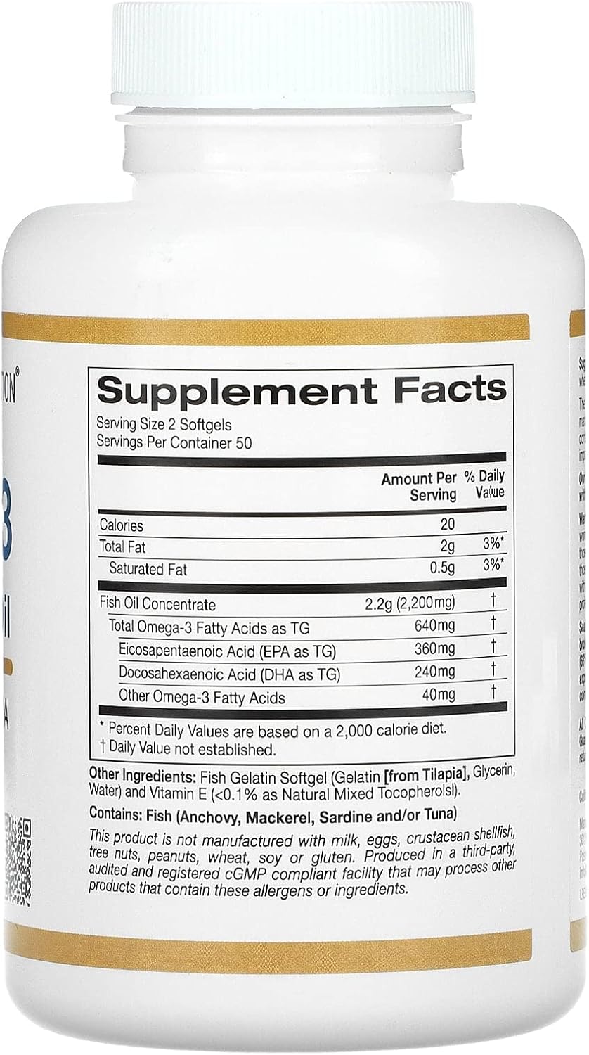 Omega-3 Premium Fish Oil by California Gold Nutrition, Concentrated Formula with EPA & DHA, Support for Optimal Lipid Profile & Immune System, Gluten Free, Non-GMO, 100 Fish Gelatin Softgels