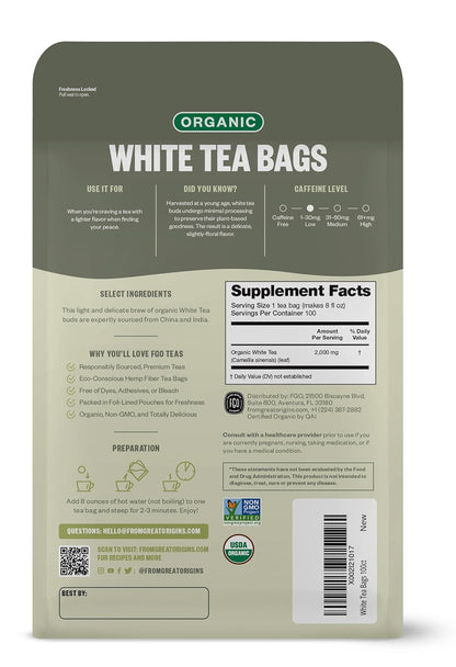 FGO Organic White Tea, Eco-Conscious Tea Bags, Packaging May Vary, 100 Count (Pack of 1)