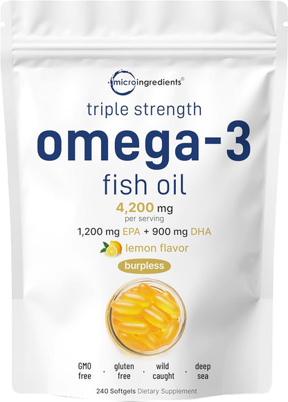 Micro Ingredients Triple Strength Omega 3 Fish Oil Supplements 4200mg Per Serving, 120 Softgels – Lemon Flavored – Burpless | EPA 1200mg + DHA 900mg | Deep Sea Fish