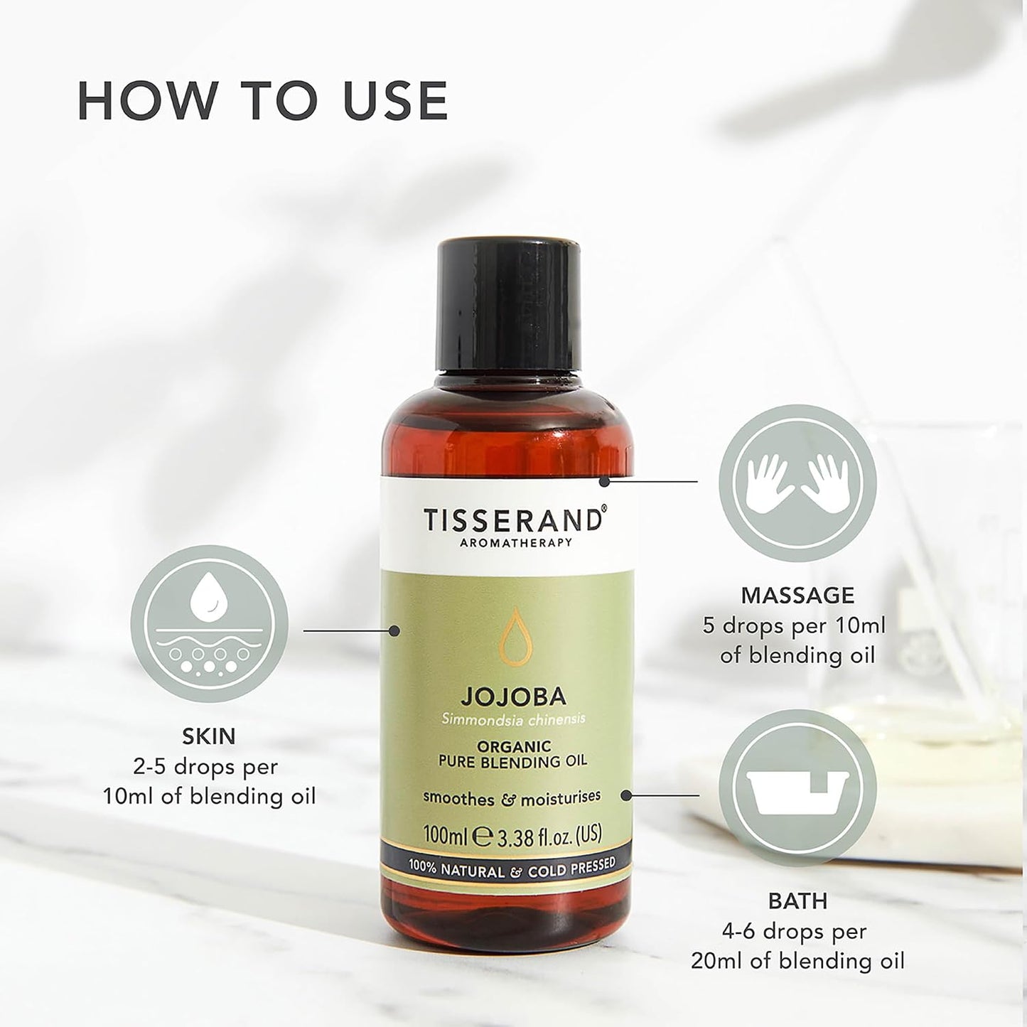 Tisserand Organic Pure Essential Oil - Moisturising and Softening - Facial and Body Massage - Rich in Antioxidants - Jojoba - 3.38 oz