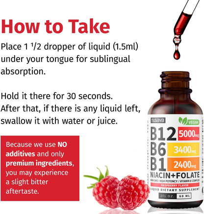 Vitamin B12 and B6 Liquid Drops, B12 Sublingual Vitamin B Complex - B 12 Vitamin 5000mcg - B12 Methylcobalamin for Energy, Brain, and Heart Support with 27,200 mcg, Raspberry, 40 Servings
