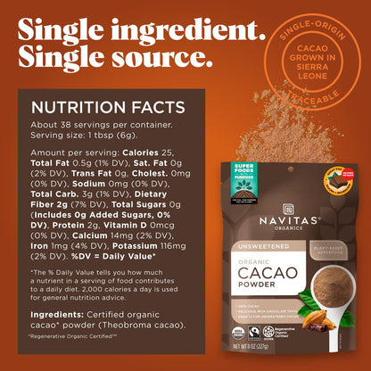 Navitas Organics Organic Cacao Powder, Non-GMO, Fair Trade, Gluten-Free, 16 Ounce / 454gram