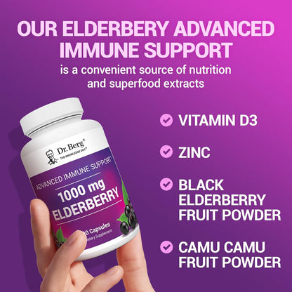 Dr. Berg Black Elderberry Capsules (Advanced Immune Support*) with 15,000 IU Vitamin D, 60 mg of Zinc, & 90 mg of Camu Camu - (4-in-1) Sambucus Elderberry Immune Support Supplement - 90 Capsules