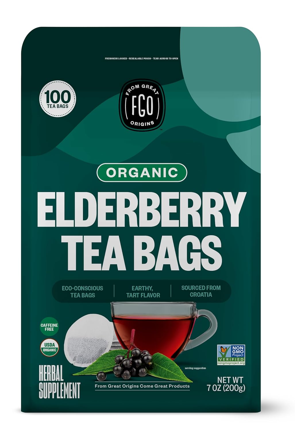 FGO Organic Nettle Leaf Tea, 100 Count, Eco-Conscious Tea Bags, Caffeine Free, Resealable Bag, Packaging May Vary (Pack of 1)
