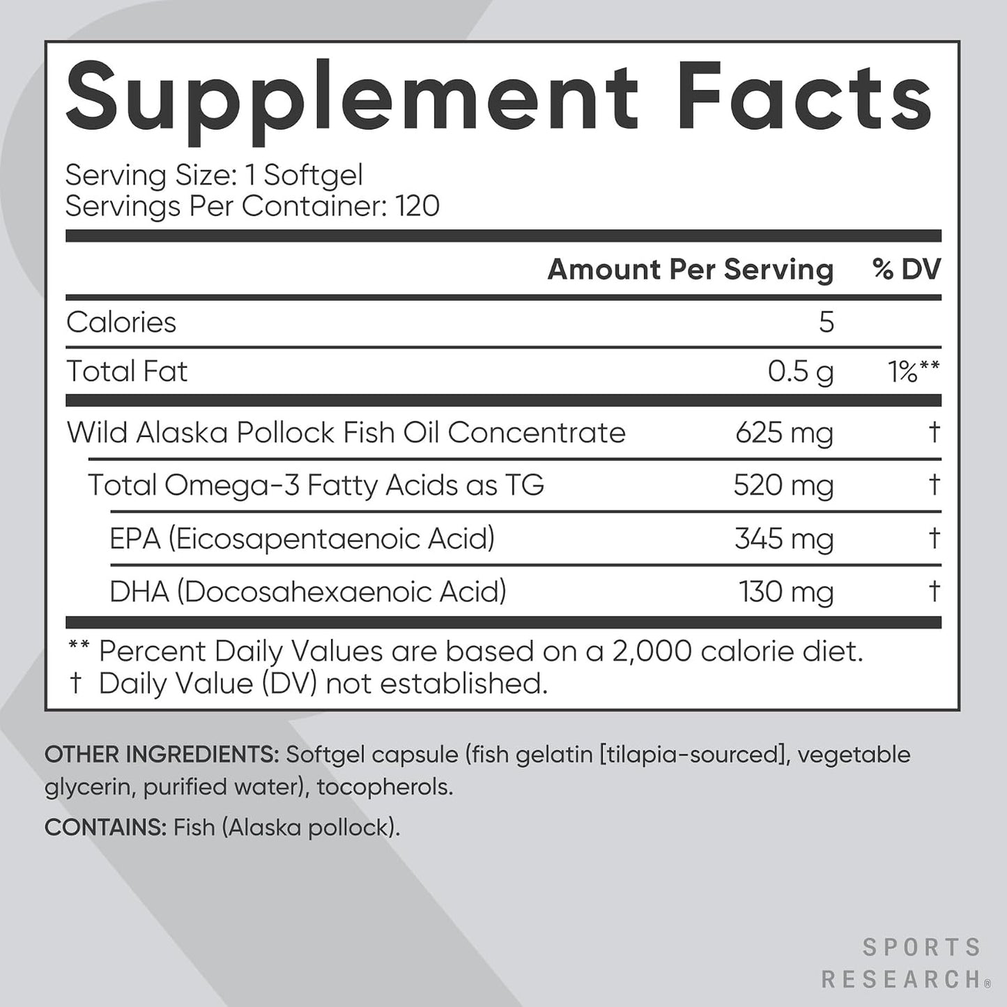 Sports Research Fish Oil Mini-Softgels - Easy to Swallow Omega-3 Fatty Acids from Wild Caught Alaska Pollock - 625mg, 120 Softgels