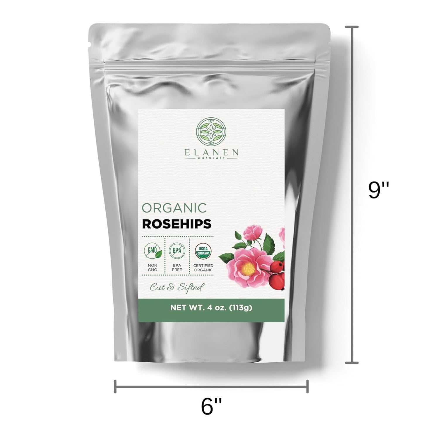 Elanen Naturals Organic Rose Hips 4 oz. (113g), USDA Certified Organic Rosehip Tea, Dried Rose Hips, Whole Rosehips Bulk, Cut & Sifted