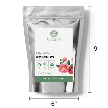 Elanen Naturals Organic Rose Hips 4 oz. (113g), USDA Certified Organic Rosehip Tea, Dried Rose Hips, Whole Rosehips Bulk, Cut & Sifted