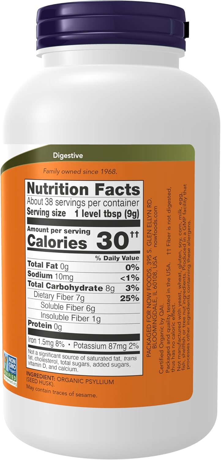 NOW Foods Supplements, Psyllium Husk Powder, Certified Organic, Non-GMO Project Verified, Soluble Fiber, 12-Ounce