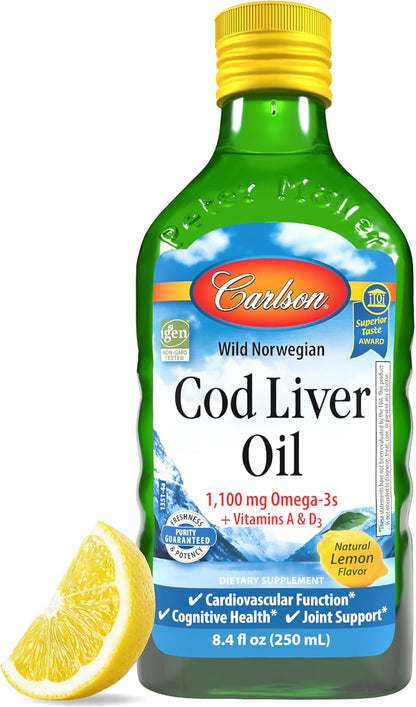 Carlson - Cod Liver Oil, 1100 mg Omega-3s, Plus Vitamins A and D3, Wild Caught Norwegian Arctic Cod Liver Oil, Sustainably Sourced Nordic Fish Oil Liquid, Unflavored, 250 mL (8.4 Fl Oz)