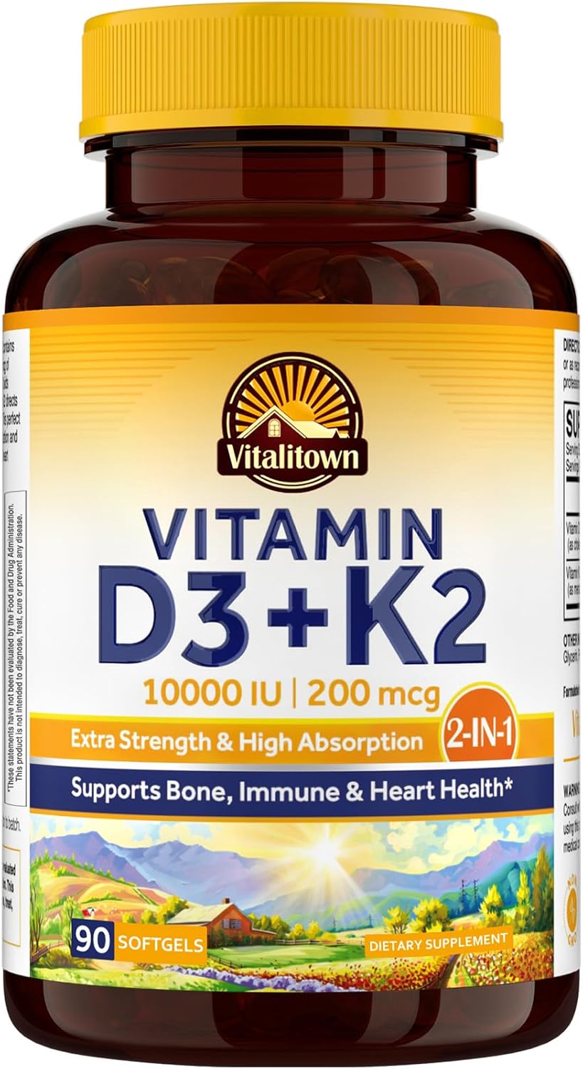 Vitalitown Vitamin D3 K2 Supplement, Vitamin D3 10000 IU Vitamin K2 (MK7) 200 mcg, 90 Softgels, Non-GMO, No Gluten & Soy, for Bone, Teeth, Immune & Heart Health