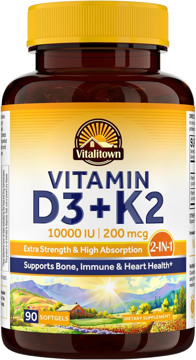 Vitalitown Vitamin D3 K2 Supplement, Vitamin D3 10000 IU Vitamin K2 (MK7) 200 mcg, 90 Softgels, Non-GMO, No Gluten & Soy, for Bone, Teeth, Immune & Heart Health