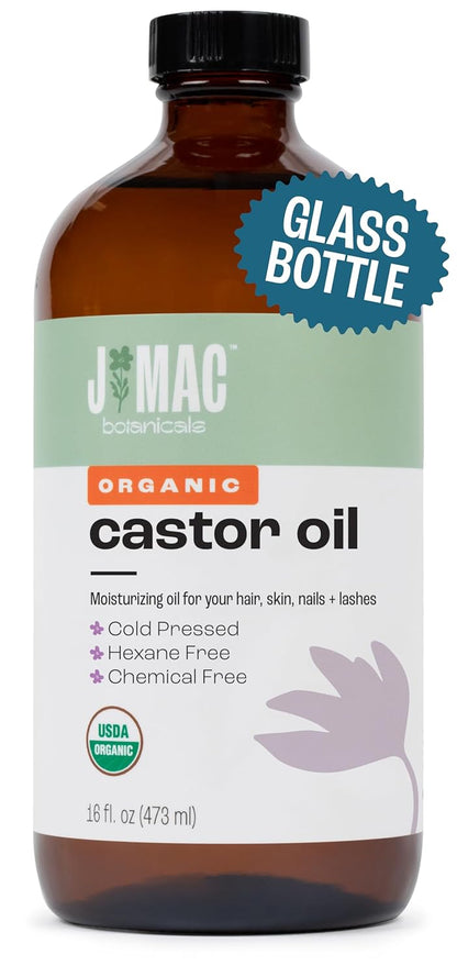 J MAC BOTANICALS Organic Castor Oil Cold Pressed in Amber Glass Bottle (4oz, NO DROPPER) USDA Certified, Hexane Free - Moisturizing Oil for Hair, Skin, Face, Eyelashes, Brows, Nails, and Castor Wraps