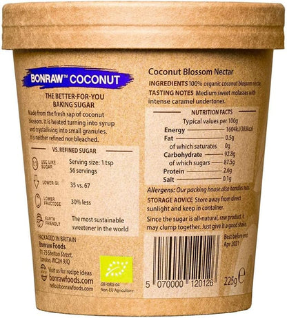 BONRAW Organic Coconut Blossom Sugar, 100% Coconut Blossom Nectar, raw and unrefined with Lower GI, Great Organic Natural Replacement for White and Brown Sugars (225g Pack)