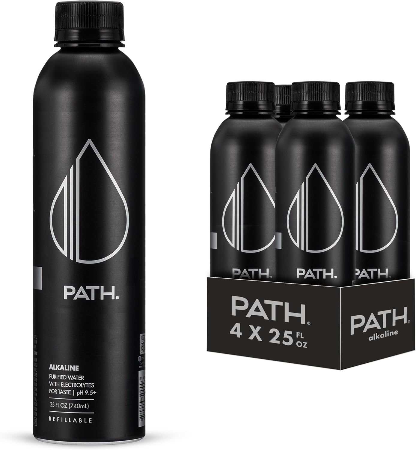 PATH Alkaline Bottled Water - 9.5 pH-Balanced Purified Water with Electrolytes in Aluminum Bottle - BPA-Free, Reusable, Infinitely Recyclable - Pure, Crisp, Refreshing Taste 20.3 fl oz (Pack of 12)