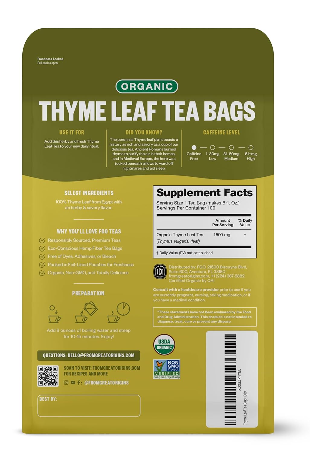 FGO Organic Nettle Leaf Tea, 100 Count, Eco-Conscious Tea Bags, Caffeine Free, Resealable Bag, Packaging May Vary (Pack of 1)