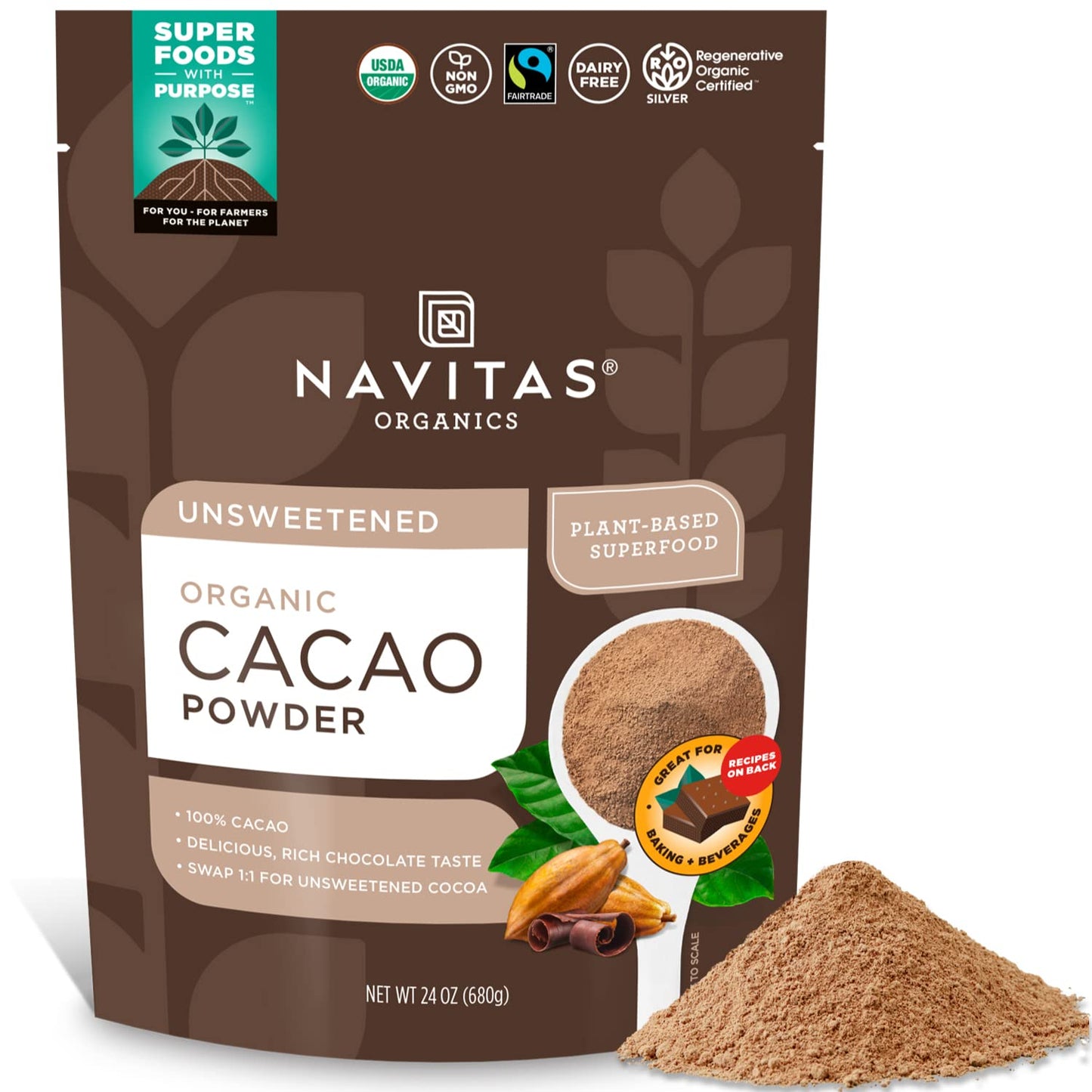 Navitas Organics Organic Cacao Powder, Non-GMO, Fair Trade, Gluten-Free, 16 Ounce / 454gram