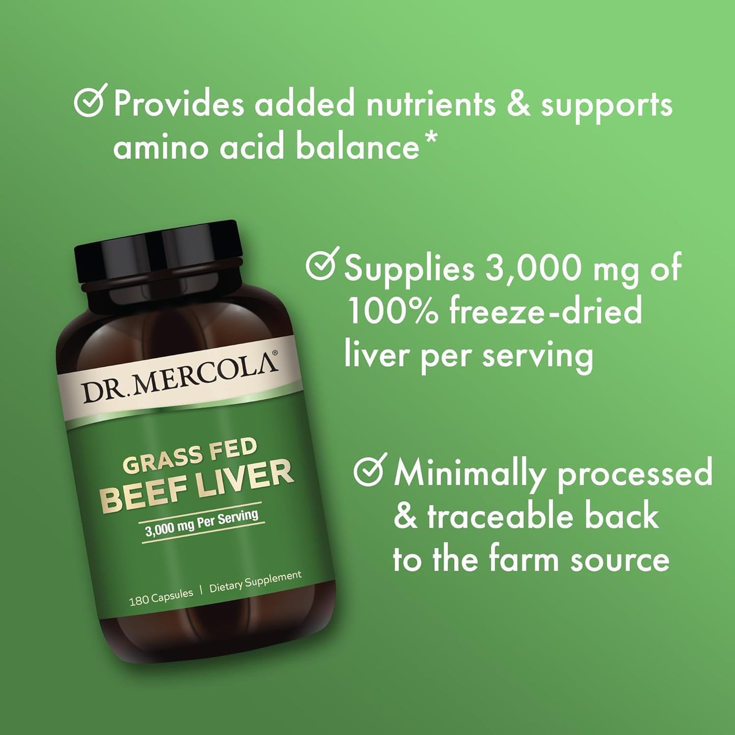 Dr. Mercola Grass Fed Beef Liver, 30 Servings (180 Capsules), 3,000 mg Per Serving, Dietary Supplement, Supports Immune Heath, Non-GMO