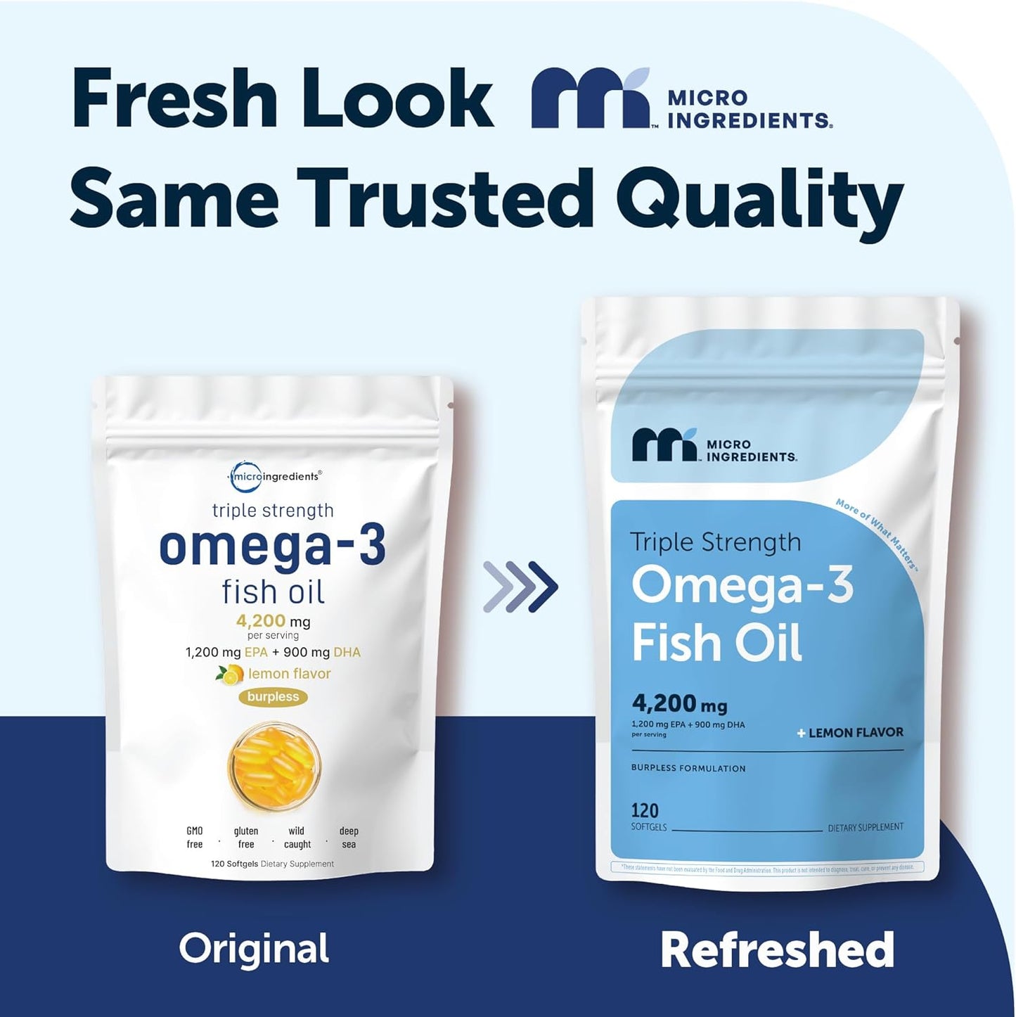 Micro Ingredients Triple Strength Omega 3 Fish Oil Supplements 4200mg Per Serving, 120 Softgels – Lemon Flavored – Burpless | EPA 1200mg + DHA 900mg | Deep Sea Fish