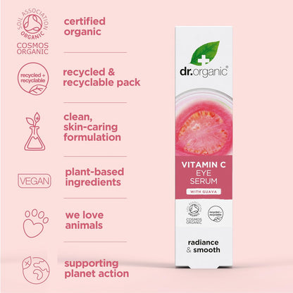 Dr Organic Guava Eye Serum, Vitamin C, Brightening, for Men and Women, Natural, Vegan, Cruelty Free, Paraben & SLS Free, Certified Organic, 15 ml