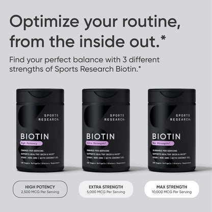 Sports Research® Biotin 5,000mcg with Organic Coconut Oil - Biotin (Vitamin B7) for Healthy Skin and Hair Support* - for Women and Men - Vegan, Non-GMO, Gluten & Soy-Free - 30 Veggie Softgels